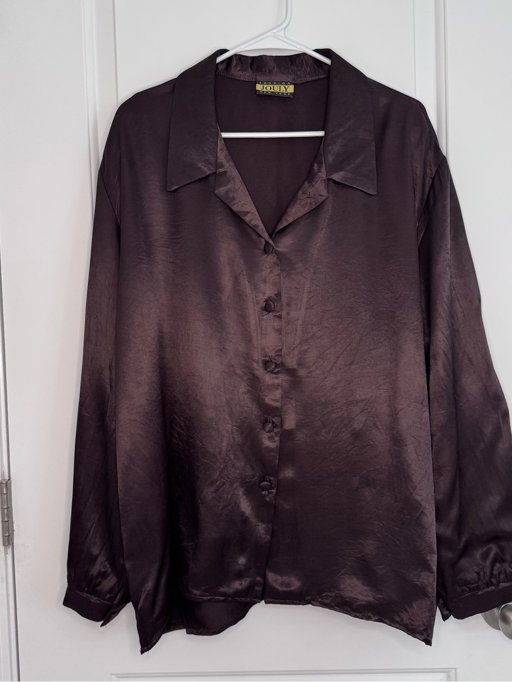 Vintage 90's Oversized Satin Shirt Long Sleeve, Covered Button Detail By Joully